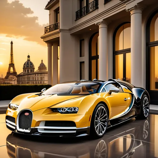 Prompt: (3 elegant Bugatti Chirons), outside an opulent penthouse, (luxurious setting), sunset ambiance, (yellow sky), dramatic lighting reflecting off the cars, sleek and shiny surfaces contrasting against the modern architecture, cozy and sophisticated atmosphere, ultra-detailed, high resolution, captivating scene, rich with depth and emotion.