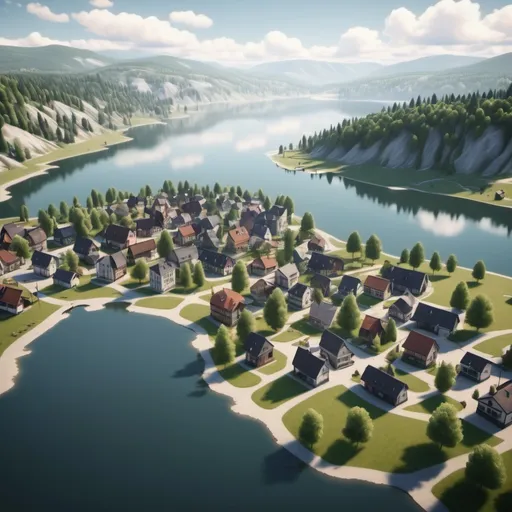 Prompt: a small town beside a lake, extremely realistic, view from the sky