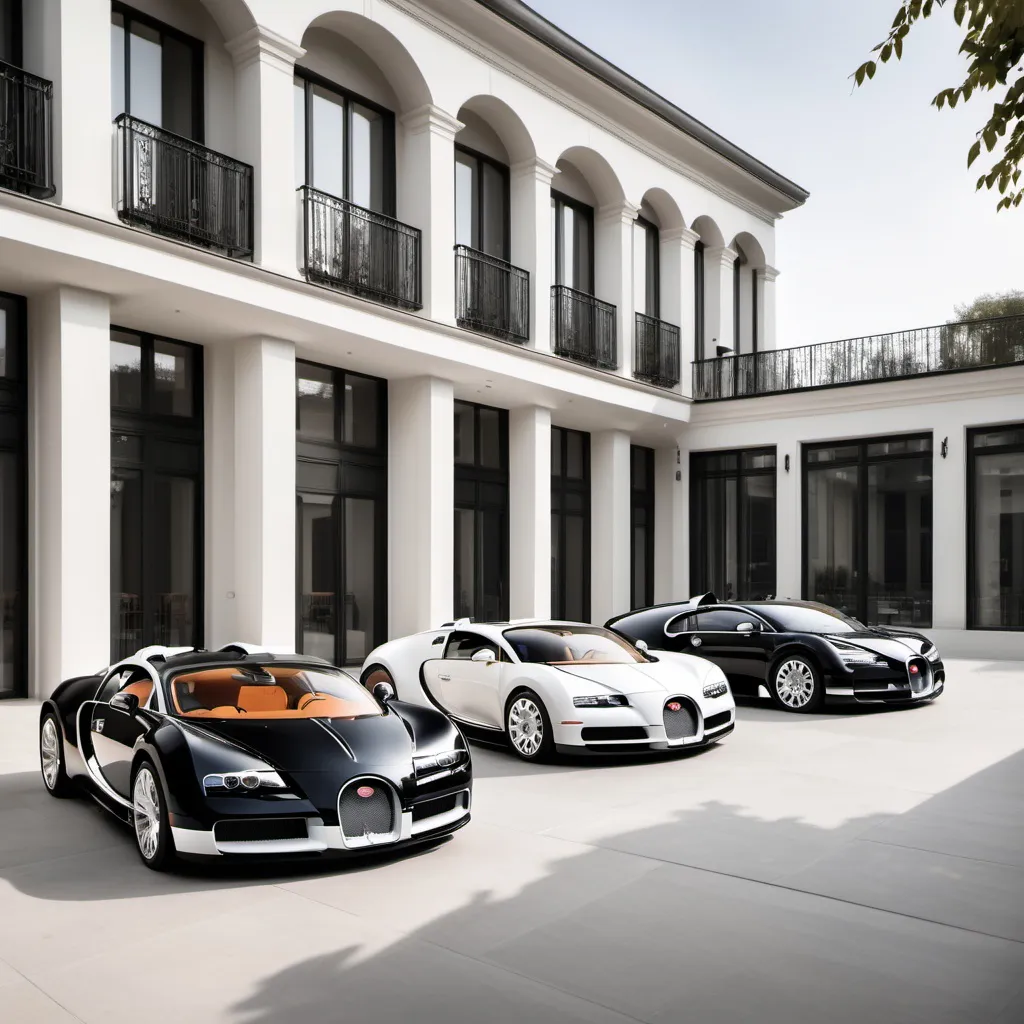 Prompt: 3 black and white bugatti chirons outside a luxurious and elegant penthouse, afternoon