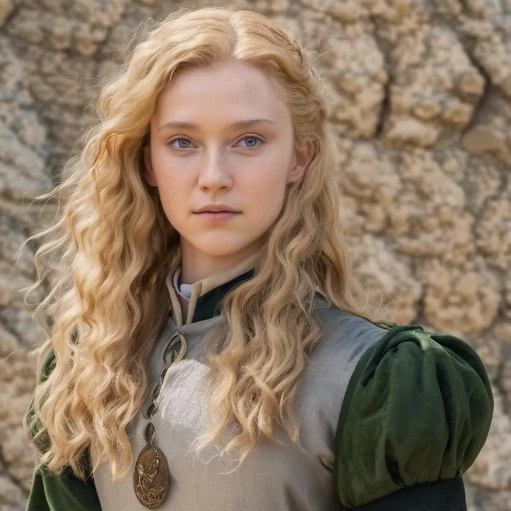Prompt: <mymodel> Highborn. Full sized. Royal Court. yellowish hair. Green eyes.