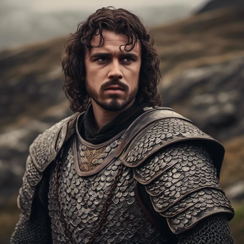 Prompt: <mymodel>Photorealistic Westerosi man, valyrian, rugged face, detailed medieval attire, intricate chainmail, realistic armor details, authentic medieval setting, high quality, photorealism, detailed faces, medieval clothing, realistic armor, authentic setting, historical, atmospheric lighting