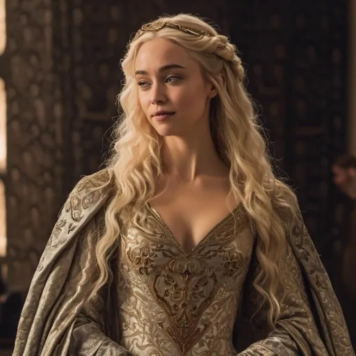 Prompt: <mymodel>
Woman. Medieval. Highborn dress. In the King's Court. Strong woman. King's discreet wife. Queen Consort. Game of Thrones tv show. House of the Dragon tv show. Healthy woman. Lady. Honey colored hair.