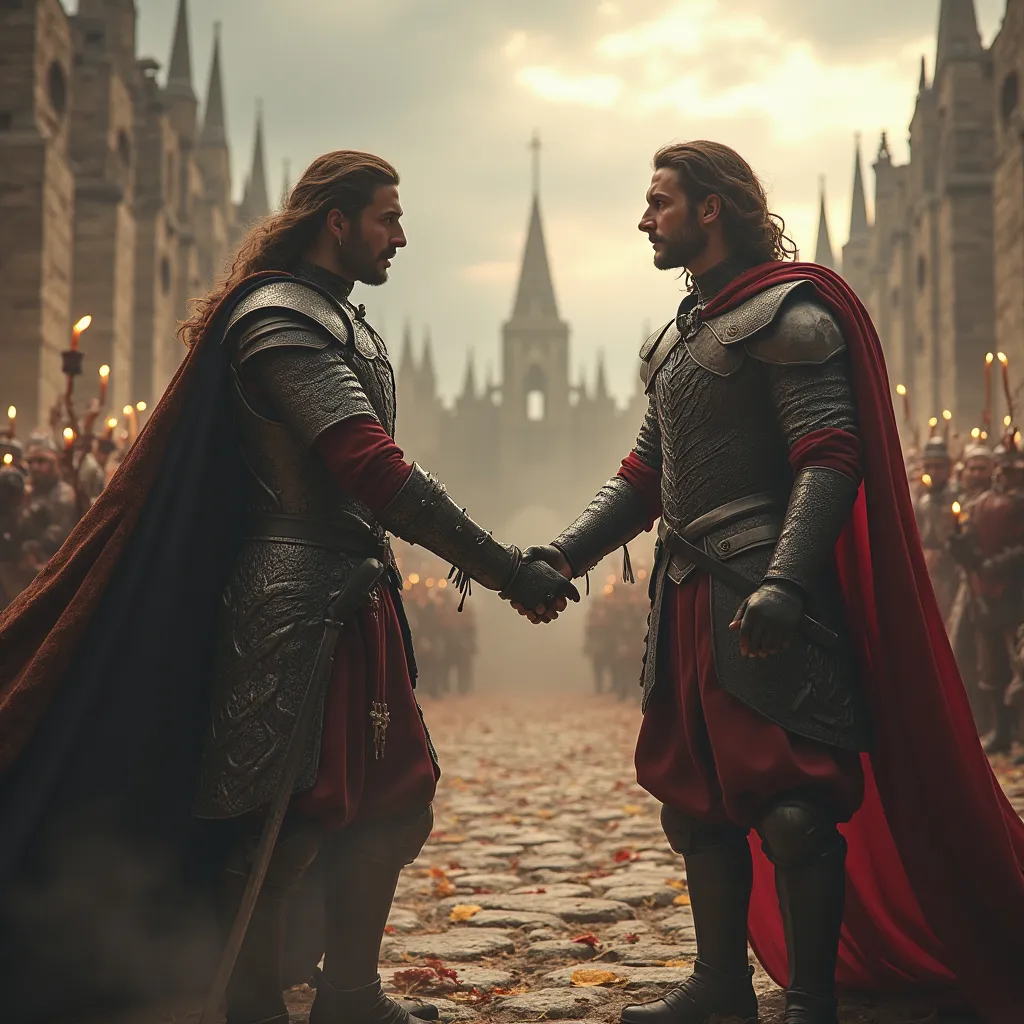 Prompt: A dramatic medieval rival scene set in a grand fantasy kingdom. 
