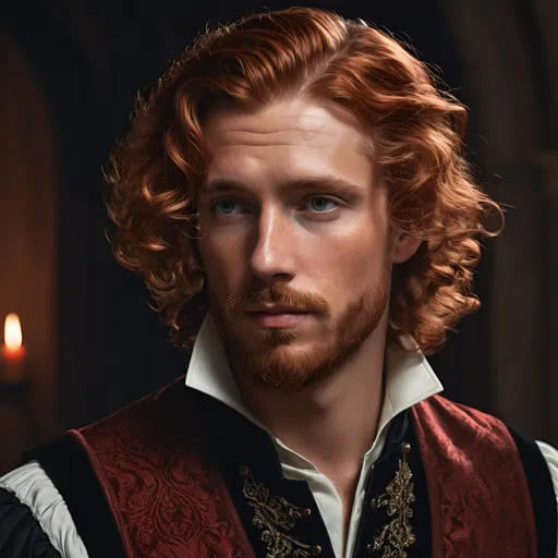 Prompt: auburn-haired man, photorealism, noble attire, medieval, red and black color scheme, intense expressions, intricate details, intricate hair, medieval setting, high quality, realistic style, dramatic lighting, regal and imposing