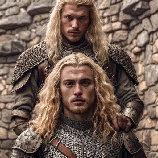 Prompt: <mymodel>Photorealistic Westerosi men, blonde, rugged faces, detailed medieval attire, intricate chainmail, realistic armor details, authentic medieval setting, high quality, photorealism, detailed faces, medieval clothing, realistic armor, authentic setting, historical, atmospheric lighting