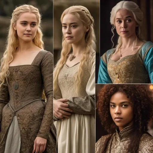 Prompt: <mymodel>
Woman. Medieval. Highborn dress. In the King's Court. Strong woman. King's discreet wife. Queen Consort. Game of Thrones tv show. House of the Dragon tv show. Healthy woman. Lady. Honey colored hair.