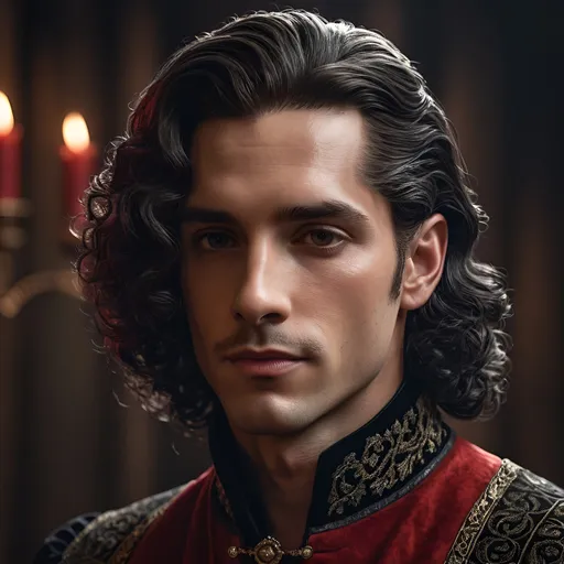 Prompt: Targaryen prince, photorealism, noble attire, medieval, red and black color scheme, intense expressions, intricate details, intricate hair, medieval setting, high quality, realistic style, dramatic lighting, regal and imposing
