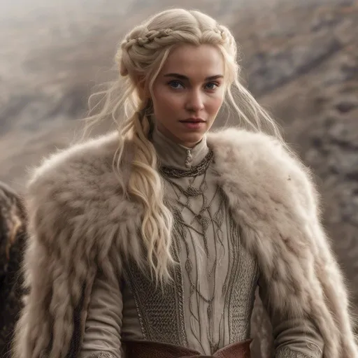 Prompt: <mymodel>Photorealistic Westerosi woman, pale-blonde valyrian, rugged face, detailed medieval attire, intricate chainmail, realistic armor details, authentic medieval setting, high quality, photorealism, detailed faces, medieval clothing, realistic armor, authentic setting, historical, atmospheric lighting