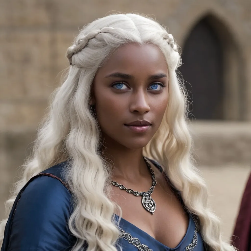 Prompt: Corlys Velaryon blonde long waved hair, Eyes lilac-dark blue-Eyes, Person of Color Targaryen, Chocolate Skin Tone, Lords, Black ancestry, House Velaryon, handsome, family, medieval, highborn, blue-red-and-black dresses, Sea Lords, Son