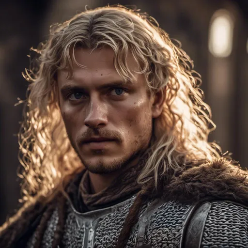 Prompt: <mymodel>Photorealistic Westerosi man, blonde, rugged face, detailed medieval attire, intricate chainmail, realistic armor details, authentic medieval setting, high quality, photorealism, detailed faces, medieval clothing, realistic armor, authentic setting, historical, atmospheric lighting