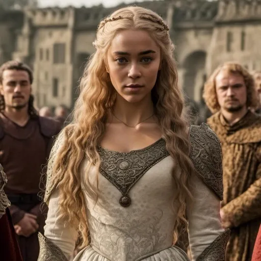 Prompt: <mymodel>
Woman. Medieval. Highborn dress. In the King's Court. Strong man. King. Queen Consort. Game of Thrones tv show. House of the Dragon tv show. Healthy man. Lord.