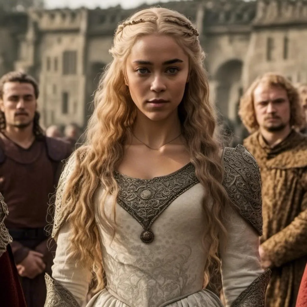 Prompt: <mymodel>
Woman. Medieval. Highborn dress. In the King's Court. Strong man. King. Queen Consort. Game of Thrones tv show. House of the Dragon tv show. Healthy man. Lord.