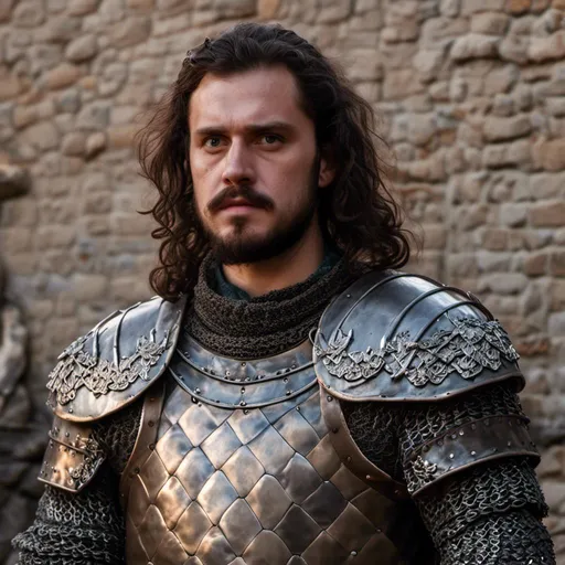 Prompt: <mymodel>Photorealistic Westerosi man, varlyian, rugged face, detailed medieval attire, intricate chainmail, realistic armor details, authentic medieval setting, high quality, photorealism, detailed faces, medieval clothing, realistic armor, authentic setting, historical, atmospheric lighting