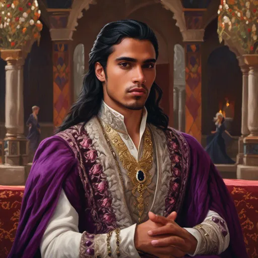 Prompt: <mymodel> Realistic portrait of a 27-year-old Hispanic-Desi prince with completely white hair and purple eyes, regal and confident expression, fine details in facial features, high-quality realism, detailed hair texture, rich and warm skin tones, traditional attire with intricate embroidery, elegant and ornate jewelry, luxurious palace setting, soft natural daylight, realistic, rich skin tones, detailed facial features, ornate attire, traditional, regal expression, high quality, palace setting