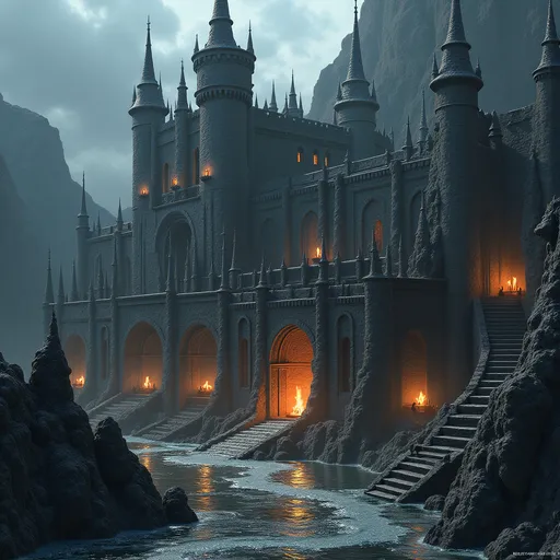 Prompt: A grim place,[2] Dragonstone was built by Valyrians with arcane arts,[12] fire,[13] and sorcery.[14] Capable of liquefying and reshaping stone with dragonflame, the dragonlords used their magic to shape Dragonstone to look like multiple dragons.[15][16][13]

Dragon architecture can be found throughout the castle, such as small dragons framing gates and dragon claws holding torches.[13] A pair of great wings cover the armory and smithy, and dragon tails form archways and staircases.[13] The citadel of Dragonstone is wrought all of black stone.[2] Doors can be set in the mouths of stone dragons.[2] Instead of merlons, gargoyles and grotesques serve as brooding crenellations along the three curtain walls.[2][7] Designs include basilisks, cockatrices, demons, griffins, hellhounds, manticores, minotaurs, wyverns, and other creatures.[13] Statues in the shape of dragons can be found all over the castle.[6] Dragonstone has a castle yard[17] and a library.[10] There is a fishing village with a port beneath the curtain walls.[10][6] King Aegon I Targaryen was fond of the salty air of Dragonstone, which smells of smoke and brimstone.[18]
The castle has red[1] sandstone walls which rise sheer from the water, its battlements are crenelated and have arrow loops, and its towers command the opposite shores.[8] Riverrun's keep is located inside.[9] Properly garrisoned, Riverrun can hold supplies for men and horses for as long as two years;[10] a garrison of two hundred men is larger than Riverrun requires in most circumstances.[11] Guardsmen wear fish-crest helms.[9] The castle's doors are made of heavy redwood.[12]