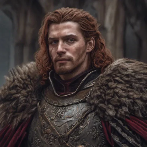 Prompt: <mymodel> Photorealistic dark reddish-haired lord, detailed facial features, regal attire, realistic textures, high quality, realism, dark and moody tones, noble expression, atmospheric lighting