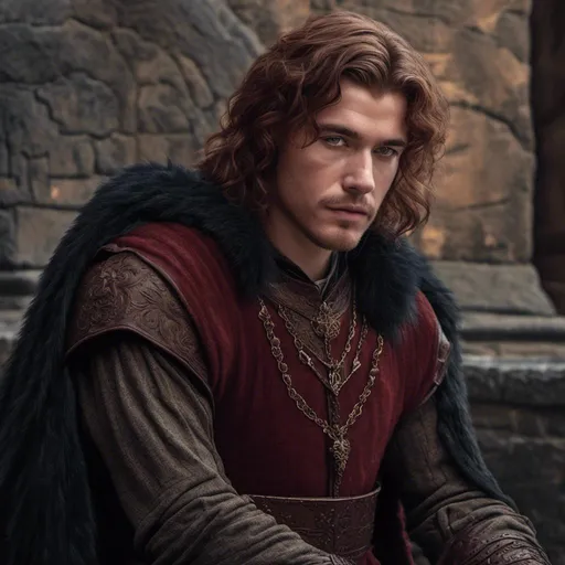 Prompt: <mymodel> Photorealistic dark reddish-haired lord, detailed facial features, regal attire, realistic textures, high quality, realism, dark and moody tones, noble expression, atmospheric lighting