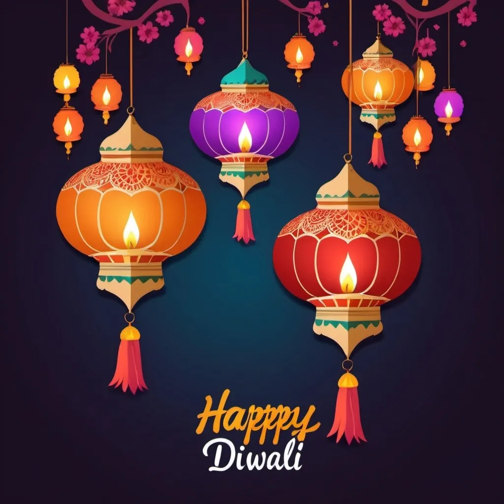 Prompt: Hanging Indian style lanterns (kandils) in different shapes and colors in anime style with the message “HAPPY DIWALI!” below.