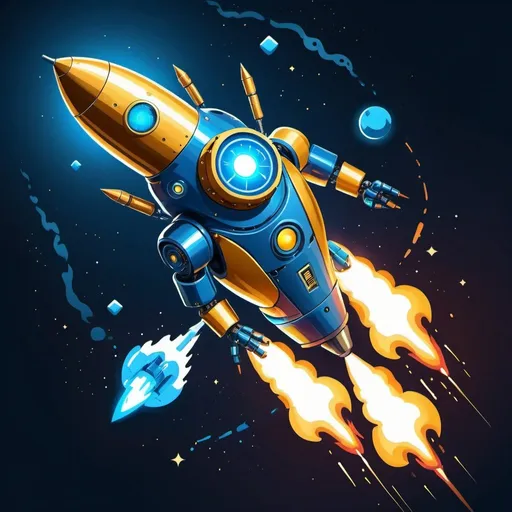 Prompt: A robot on the back of a rocket going towards the moon. Make it in cyberpunk/crypto style. Make the robot blue and the rocket gold. Also create blue flames thrusting out of the rocket