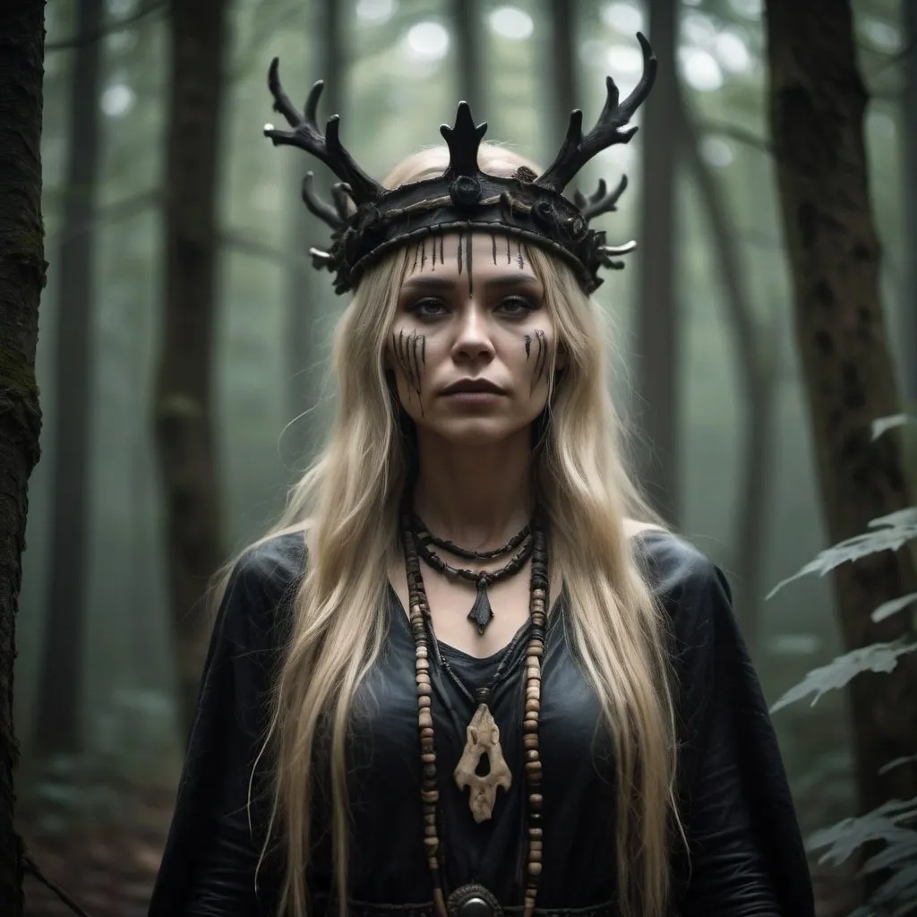 Prompt: a shaman woman wearing black and standing in a dark forest. There is a crown of bones around her head, and she has long blonde hair. The style is atmospheric, cinematic and of dark fantasy. She wears animal leathers and beds --s 350 --v 6.0