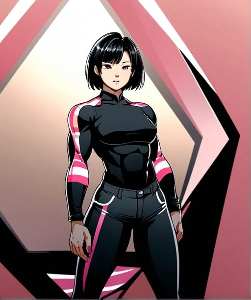 Prompt: Asian Female,black hair with pink stripes,lean but muscular,black shirt,red jacket