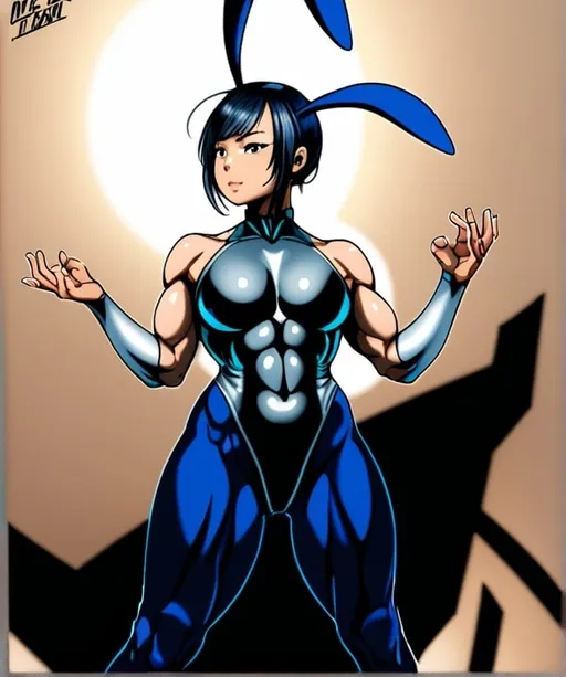 Prompt: Asian Female,sliver hair,muscular,white and blue bodysuit,bunny ears