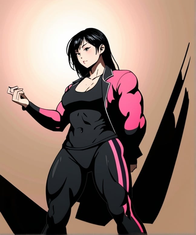 Prompt: Asian Female,black hair with pink stripes,lean but muscular,black shirt,red jacket