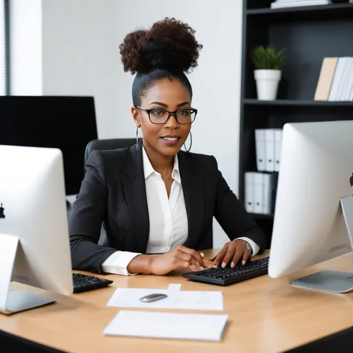 Prompt: black business woman in office working with computer