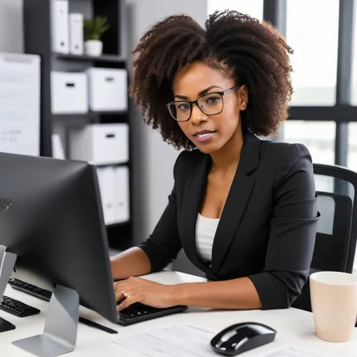 Prompt: black business woman in office working with computer