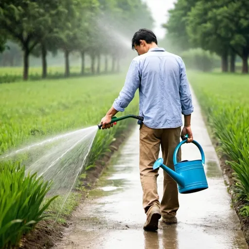 Prompt: a man carry too much watering can and spray
