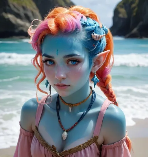 Prompt: Beautiful 22-year-old sea elf with pointed ears, blue skin, light orange and pink hair in pigtails, fantasy, colorful, detailed features, vibrant colors, highres, fantasy, sea elf, pigtails, pointed ears, detailed hair, vibrant, fantasy art, colorful, detailed, young, female, blue skin, skin do neck and shoulders is blue, all skin is blue, kelp skirt, seashell necklace, pigtails, blue skin, grownup, thick long hair, adult, curvy