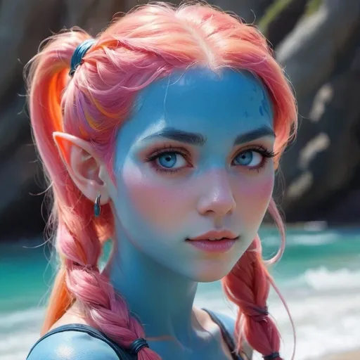 Prompt: Beautiful 22-year-old sea elf with pointed ears, blue skin, light orange and pink hair in pigtails, fantasy, colorful, detailed features, vibrant colors, highres, fantasy, sea elf, pigtails, pointed ears, detailed hair, vibrant, fantasy art, colorful, detailed, young, female, blue skin, skin do neck and shoulders is blue