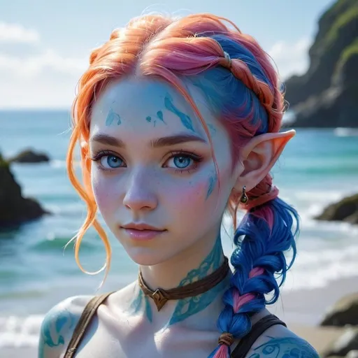 Prompt: Beautiful 22-year-old sea elf with pointed ears, blue skin, light orange and pink hair in pigtails, fantasy, colorful, detailed features, vibrant colors, highres, fantasy, sea elf, pigtails, pointed ears, detailed hair, vibrant, fantasy art, colorful, detailed, young, female, blue skin, skin of neck and shoulders is blue, all skin is blue, kelp skir, light-hearted, pigtail braids, thick hair