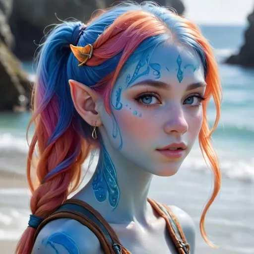 Prompt: Beautiful 22-year-old sea elf with pointed ears, blue skin, light orange and pink hair in pigtails, fantasy, colorful, detailed features, vibrant colors, highres, fantasy, sea elf, pigtails, pointed ears, detailed hair, vibrant, fantasy art, colorful, detailed, young, female, blue skin, skin of neck and shoulders is blue, all skin is blue, kelp skir, light-hearted