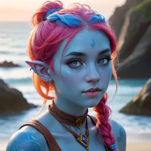 Prompt: Beautiful 22-year-old sea elf with pointed ears, blue skin, light orange and pink hair in pigtails, fantasy, colorful, detailed features, vibrant colors, highres, fantasy, sea elf, pigtails, pointed ears, detailed hair, vibrant, fantasy art, colorful, detailed, young, female, blue skin, skin do neck and shoulders is blue, all skin is blue 