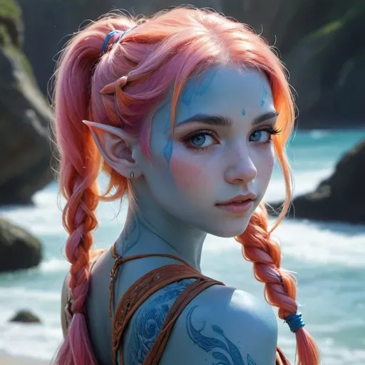 Prompt: Beautiful 22-year-old sea elf with pointed ears, blue skin, light orange and pink hair in pigtails, fantasy, colorful, detailed features, vibrant colors, highres, fantasy, sea elf, pigtails, pointed ears, detailed hair, vibrant, fantasy art, colorful, detailed, young, female, blue skin, skin do neck and shoulders is blue, all skin is blue, 2 pigtails