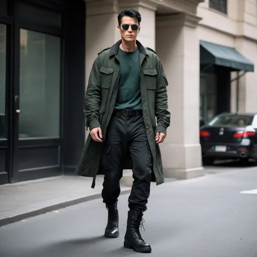 Prompt: full body short black hair mirror shades tall man, black combat boots, black cargo pants, dark green shirt, black armored coat