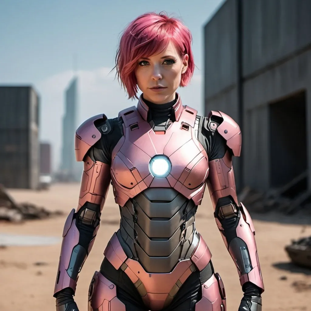 Prompt: short pink hair woman standing on cyberpunk battlefield full body iron man armor