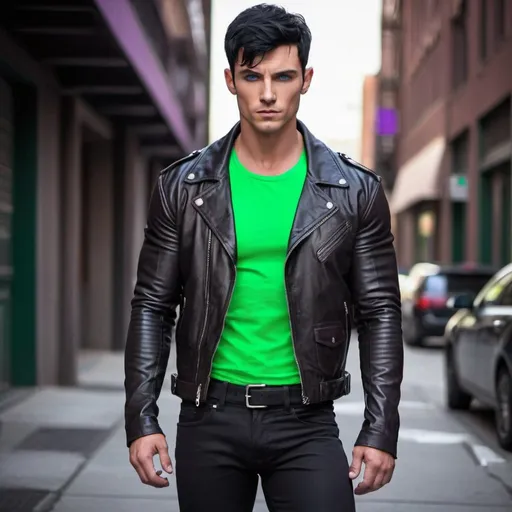 Prompt: short black hair glowing purple eyes muscular man black boots black pants green shirt leather jacket