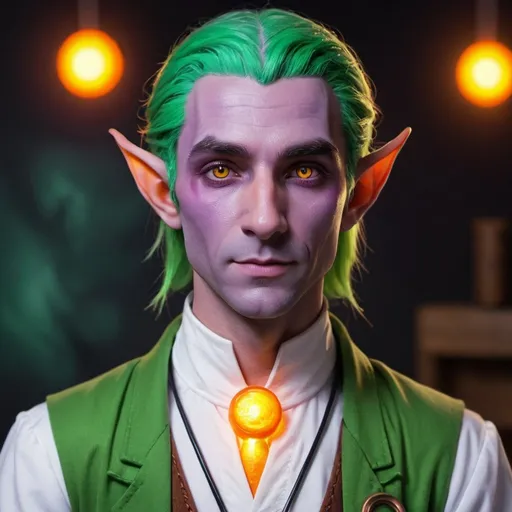 Prompt: male elf doctor, purple skin, green hair, glowing orange eyes