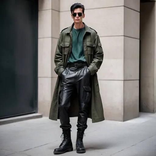 Prompt: full body short black hair mirror shades tall man, black combat boots, black cargo pants, dark green shirt, black leather long coat with loose sleeves
