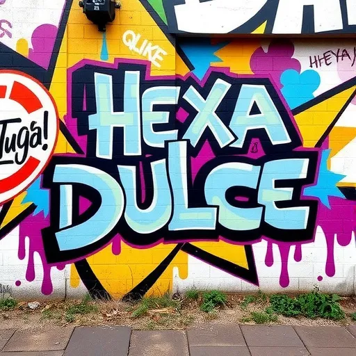 Prompt: Vibrant graffiti wall, with the text "Hexa Dulce", stylized tags, bold and colorful lettering, energetic atmosphere