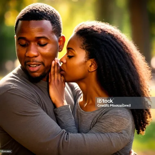 Prompt: genere une image de ce couple noir etant tres amoureux et s'embrassant respecter fidelement la photo 