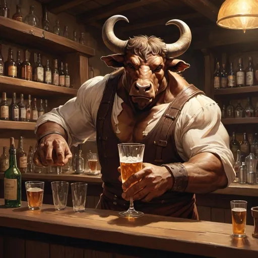 Prompt: a minotaur working as a bartender in a tavern shining glasses with a rag in his hands
