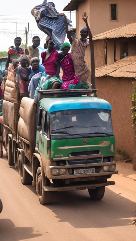 Prompt: An African society, a Lorry carrying luggage and people waving, passing through a Village 