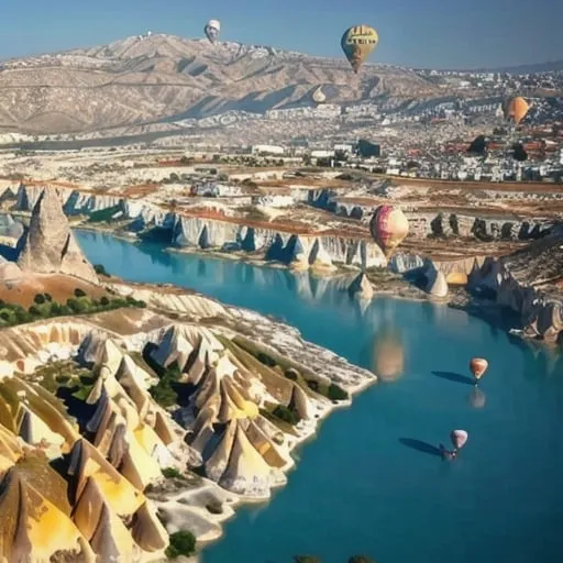 Prompt: a travel video of Turkey visiting Istanbul, Cappadocia, Bursa, Antalya, Pamukkale. Highlight the Hot Air Balloons , Bosphorus Cruise , Salt Lakes amd Isitklaav Street in Istanbul
