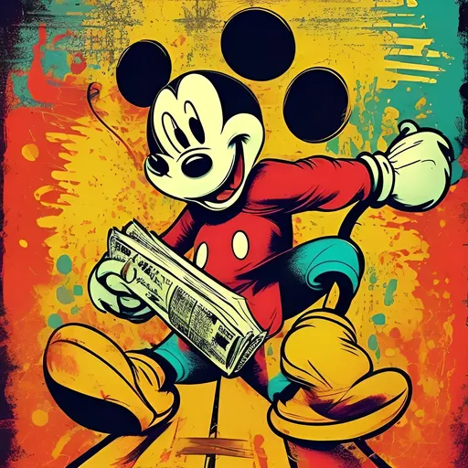 Prompt: Pop art illustration, Mickey Mouse holding a Bible, vibrant and bold colors, comic book style, retro halftone effects, vintage vibes, detailed cartoon character, iconic red and black outfit, expressive eyes, dynamic poses, high quality, professional, vibrant colors, comic book, retro, detailed, vintage, expressive, dynamic, bold colors, iconic, halftone effects, Mickey Mouse, Bible