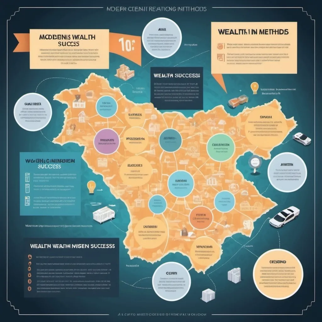 Prompt: A map that shows the 20 modern wealth creation methods and steps to take in oder to achieve success in each field within 10 years and it should be in the form of checkpoints