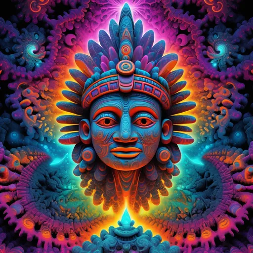 Prompt: (mayan gods), (fractals), (Mandelbrot background), super fluorescent colors, intricate patterns, mystical atmosphere, vibrant textures, high contrast, ultra-detailed, cosmic energy, visually captivating, enchanting landscape, rich symbolism, otherworldly vibe, radiant illumination, vivid splashes of color, harmonious composition, expansive scene.