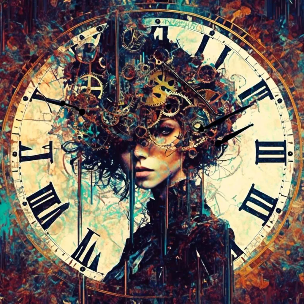 Prompt: <mymodel>, Glitch-Art style, Video glitching, Steampunk clocks